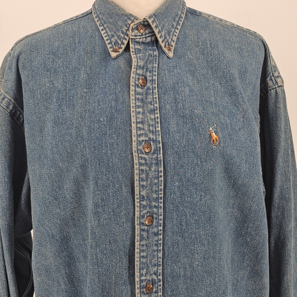 Vintage 90s Ralph Lauren The Big Shirt 6 Button Down Blue Denim Pony Western - Picture 5 of 16